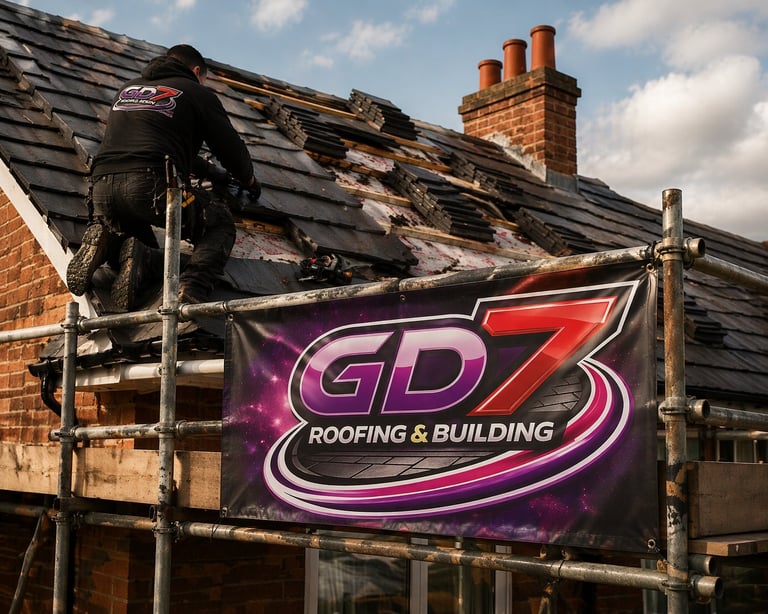 Construction workers installing roof tiles on residential building