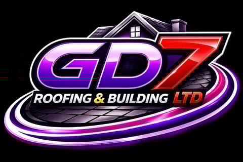 GD7 Roofing and Building Ltd neon logo with purple and red lettering on black background