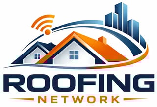 Roofing Network logo with houses, wifi symbol, and city skyline in orange and blue
