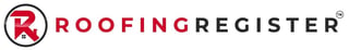Roofing Register logo with red and white circular emblem featuring stylized R and company name in black text