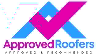 Approved Roofers logo with blue and magenta geometric shapes and text, approved and recommended