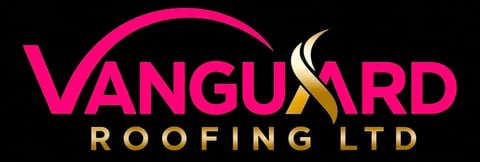 Vanguard Roofing LTD logo with pink text and gold accents on black background
