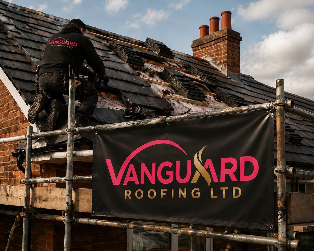 Roofer on scaffolding working on damaged brick house roof with Vanguard Roofing banner displayed