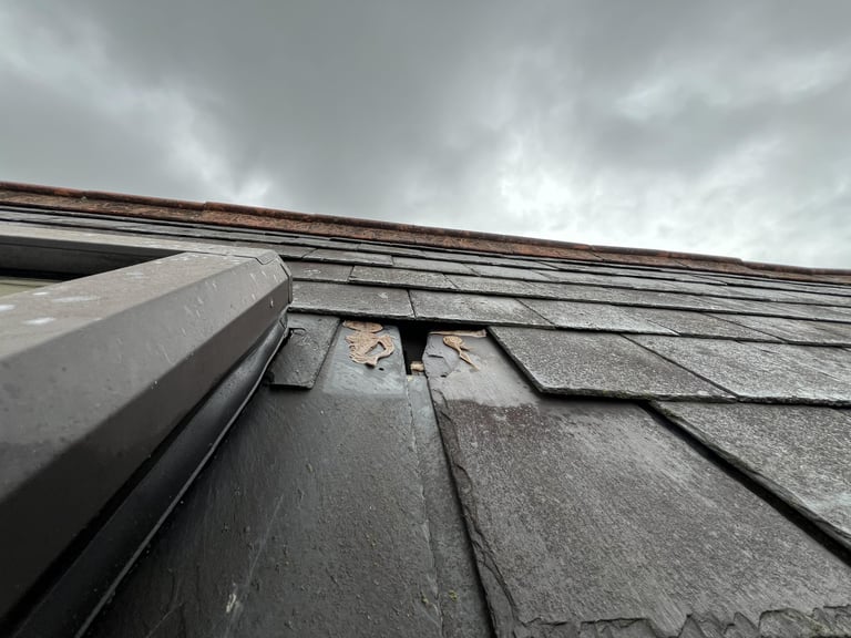 Close-up view of a gray asphalt roof with gutters and shingles against an overcast sky